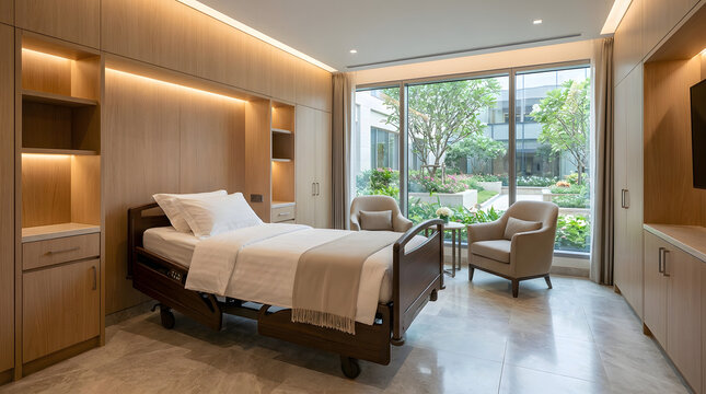 Comfortable private patient recovery room featuring medical bed warm wood cabinetry view of outdoor garden through large glass window space.