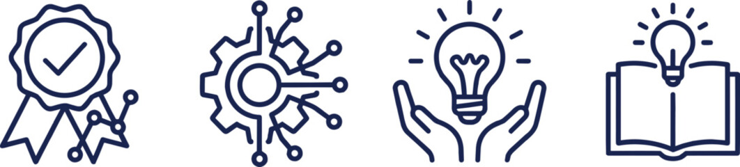 Set of four dark blue vector line icons representing quality assurance, technology integration, innovation, and educational ideas. © Pronabesh