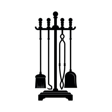 Black fireplace tool set with stand, poker, tongs, and brush