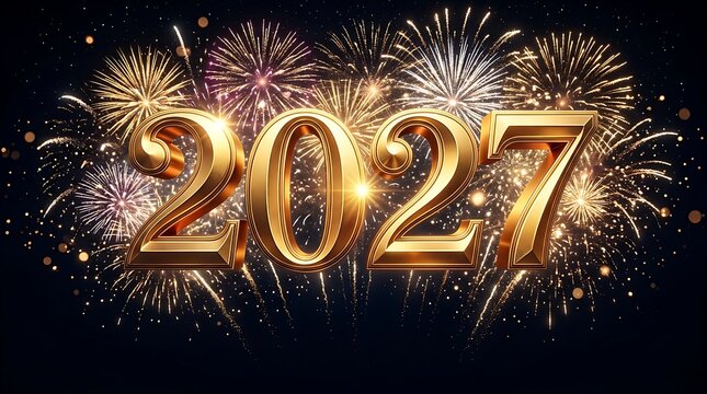 Golden 2027 numbers with bright festive fireworks display on dark background for new year celebration greeting card