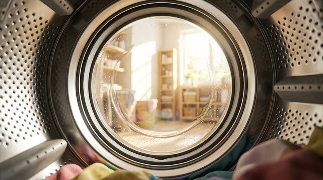 Laundry room view through the circular glass door of a washing machine drum in bright sunlight.