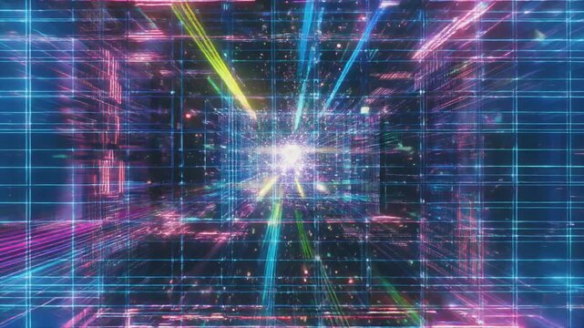 Glitch simulation loop with holographic grids collapsing randomly neon particles floating