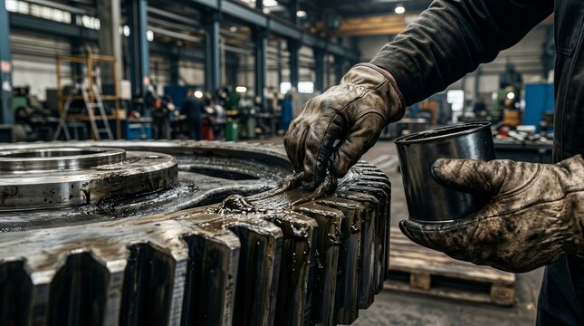 Close up of a worker using grease lubricant on a massive heavy duty gear in a factory