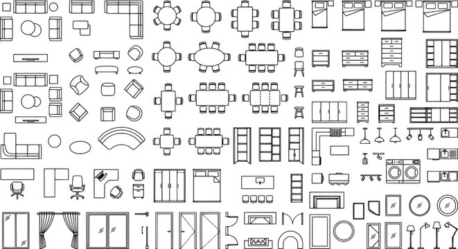 Set of furniture icons for floor plan, top view, vector illustration