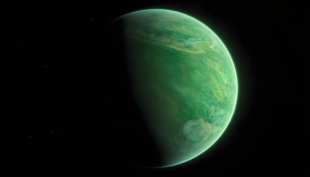 A large, vibrant green planet with swirling clouds in the vastness of space