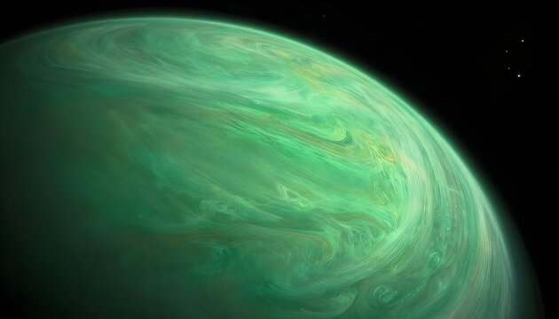 A large, gaseous planet with swirling green clouds and distant stars in deep space