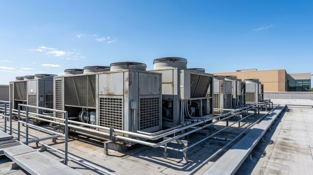 Large industrial air conditioning units and ventilation systems on a commercial rooftop.