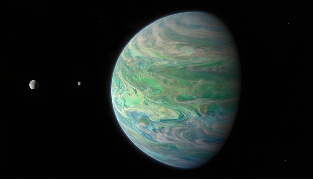 Swirling green and blue gas giant planet with moons in deep space