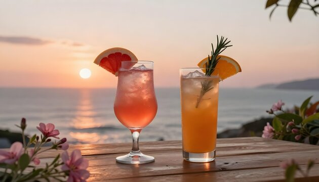 Two refreshing cocktails on a wooden table overlooking the ocean at sunset