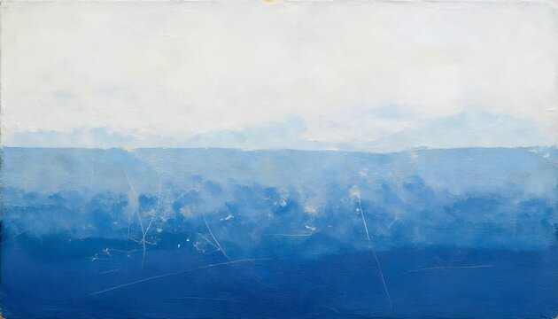 Abstract blue and white textured painting with horizontal layers and subtle lines