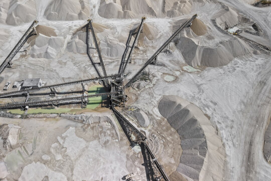 Aerial view mining quarry production conveyor belts