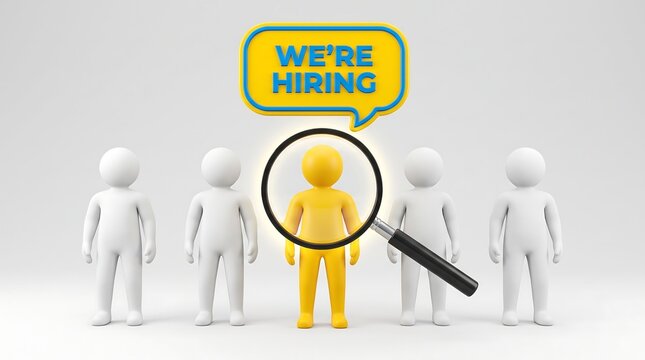 We're Hiring recruitment concept with magnifying glass, yellow standout candidate among white figures, human resources talent search