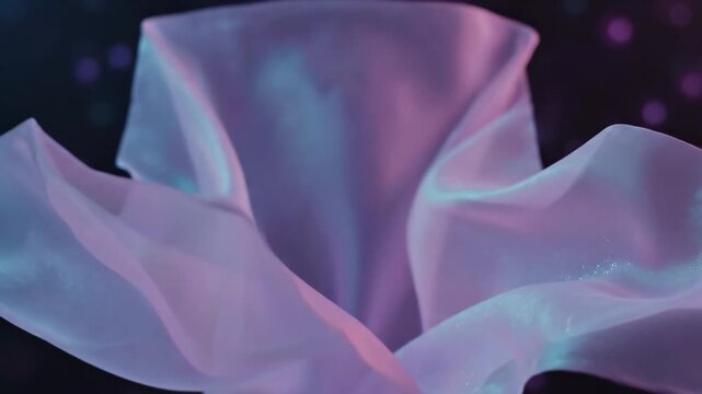 Flowing violet silk fabric moving in dark space. Abstract wavy cloth texture with soft lighting. Liquid satin motion background for elegant design composition.