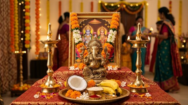 Traditional Diwali Puja setup with Ganesha idol, Lakshmi Vishnu painting, and brass lamps