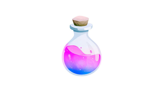 Glass bottle with pink and blue magic potion isolated on transparent background as png file