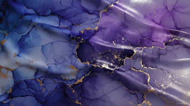 Abstract alcohol ink texture with purple and blue fluid ripples. Luxury marble background with gold veins. Creative artistic design for digital surface pattern.