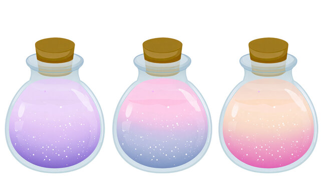 Three colorful potion bottles with sparkling liquid isolated on transparent background as png graphic element