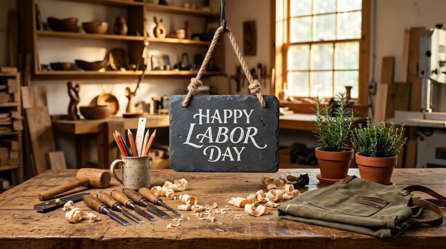 Happy labor day written on rustic slate chalkboard sign hanging in woodworking workshop with woodworking, workshop