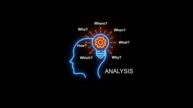 Neon brainstorming concept: human head silhouette with lightbulb gear idea and analytical questions on black background