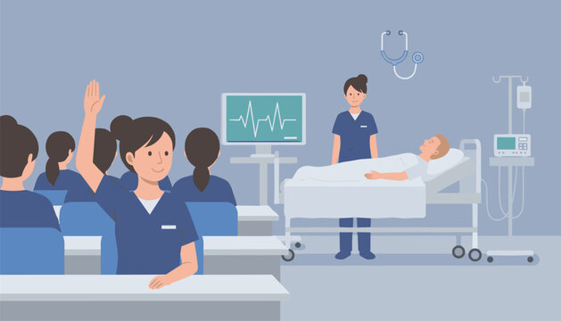 Medical students participate in a nursing class with a hospital bed simulation and heart rate monitor to learn patient care techniques.