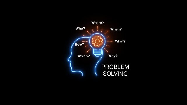 Problem solving concept with neon human head and glowing gear lightbulb animation critical thinking innovation