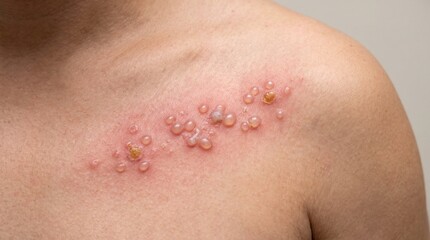 Fototapeta premium Realistic Clinical Close Up of Herpes Zoster Shingles with Dermatomal Vesicular Rash Medical Image