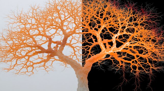 Orange tree branches glow against soft gray and black backgrounds