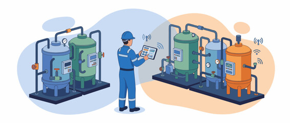 Obraz premium Isometric smart factory worker using tablet for wireless control