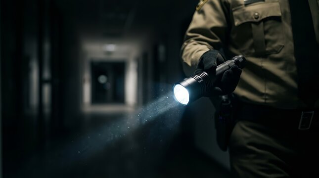 Security guard on night shift using a bright flashlight to patrol a dark indoor corridor.