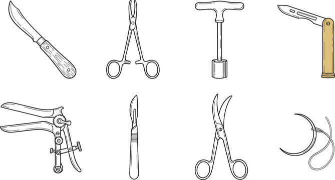 Vintage Surgical Instruments and Antique Medical Tools Vector Icon Set Featuring Scalpels Scissors Forceps Speculum and Suture Needle Elements