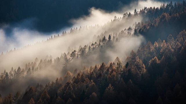 Fog loop mist drifting gently with light filtering through trees creating ambient depth