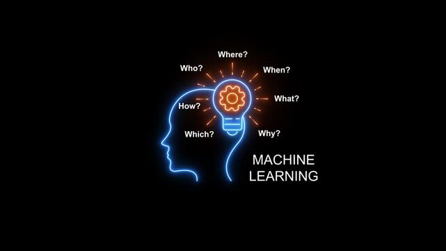 Machine learning concept with neon human head and gear lightbulb for artificial intelligence and digital innovation technology