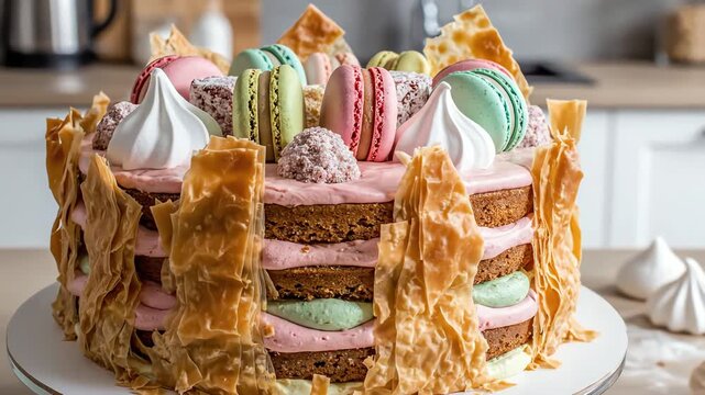 Delicious layered cake with macarons and caramel shards