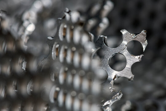 Close up of aluminum scrap pieces and non ferrous metal waste for recycling. Industrial material metallic textures, recycled resources, sustainability and raw industrial materials