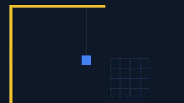 Minimalist motion animation of a swinging blue square pendulum and grid 4k