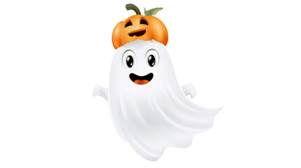 Obraz premium Cute cartoon ghost wearing pumpkin hat isolated on transparent background for Halloween graphic design as png file