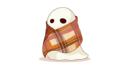 Fototapeta premium Cute cartoon ghost wrapped in checkered blanket isolated on transparent background for digital sticker design