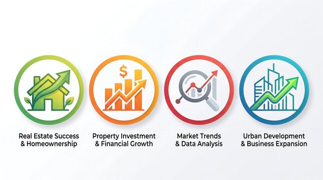Real estate success and property investment icons, financial growth and market trends data analysis symbols, urban development and business expansion set