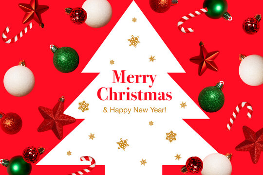 Festive Christmas greeting card with a white tree, red background, ornaments, stars and candy canes. Ideal for invitations, banners, social media and holiday advertising.