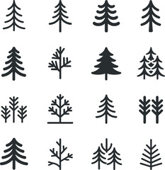Obraz premium Collection of sixteen black line tree representing various forest species and coniferous shapes isolated on a white background