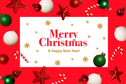 Festive Christmas greeting card with red background, white message panel, ornaments, stars and candy canes. Ideal for holiday invitations, banners, social media, advertising and seasonal designs.
