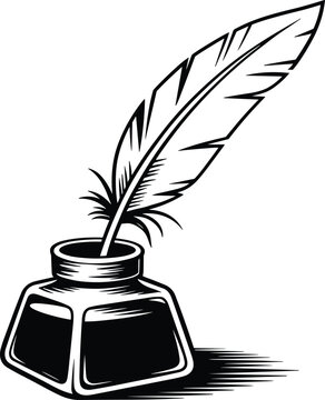 Vintage feather quill pen inside an inkwell illustration, retro stationery icon, old writing tool vector design