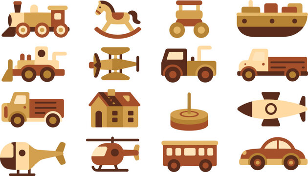 Vintage wooden toys set collection icons featuring a train, rocking horse, car, airplane, and house
