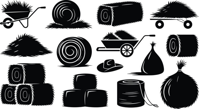 Black and white vector set of hay bales, straw stacks, wheelbarrows, and farming icons for agricultural design.