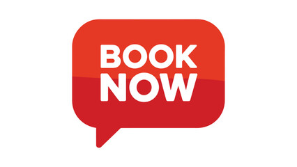  Bold red speech bubble graphic with white uppercase “BOOK NOW” text, designed as a striking call-to-action for reservations, appointments, or purchases in marketing and advertising campaigns. © VectorCraze