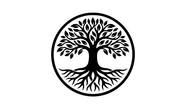 Tree Roots Circle Logo Vector with Organic Silhouette for Nature Landscaping and Eco Brand Identity