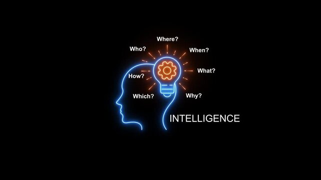 Neon intelligence concept: human head silhouette with glowing lightbulb and gear for artificial intelligence and problem solving