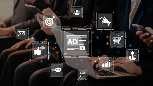 A group of business professionals engaged in digital marketing analysis, showcasing modern technology, social media interactions, and innovative advertising strategies. Raster