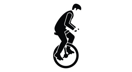 A simple black silhouette depicts a person skillfully riding a unicycle on a white background © grvect02