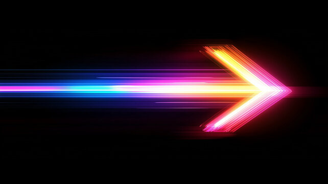 Bright glowing neon arrow pointer with motion blur effect on black background.
